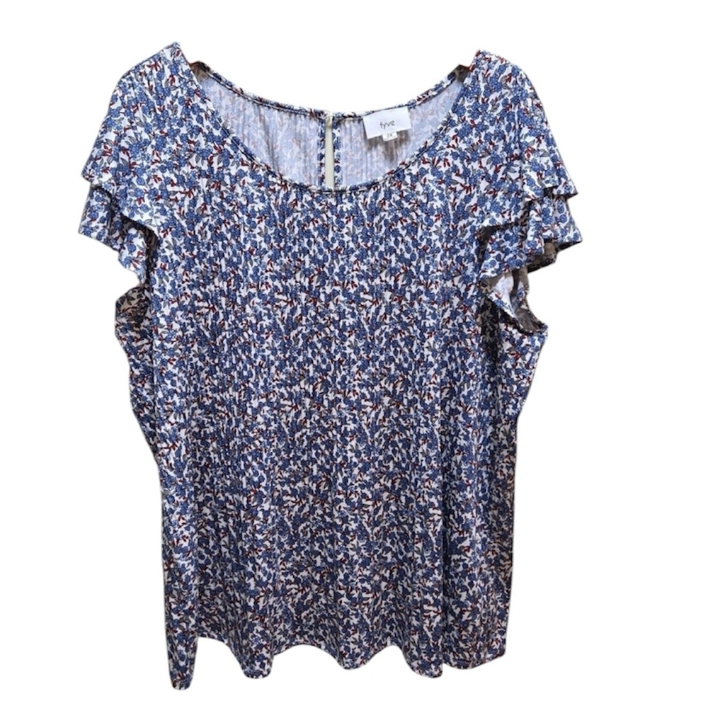 Fyve Blue Floral Ruffle Sleeve Blouse scoop neck in floral print size 2X